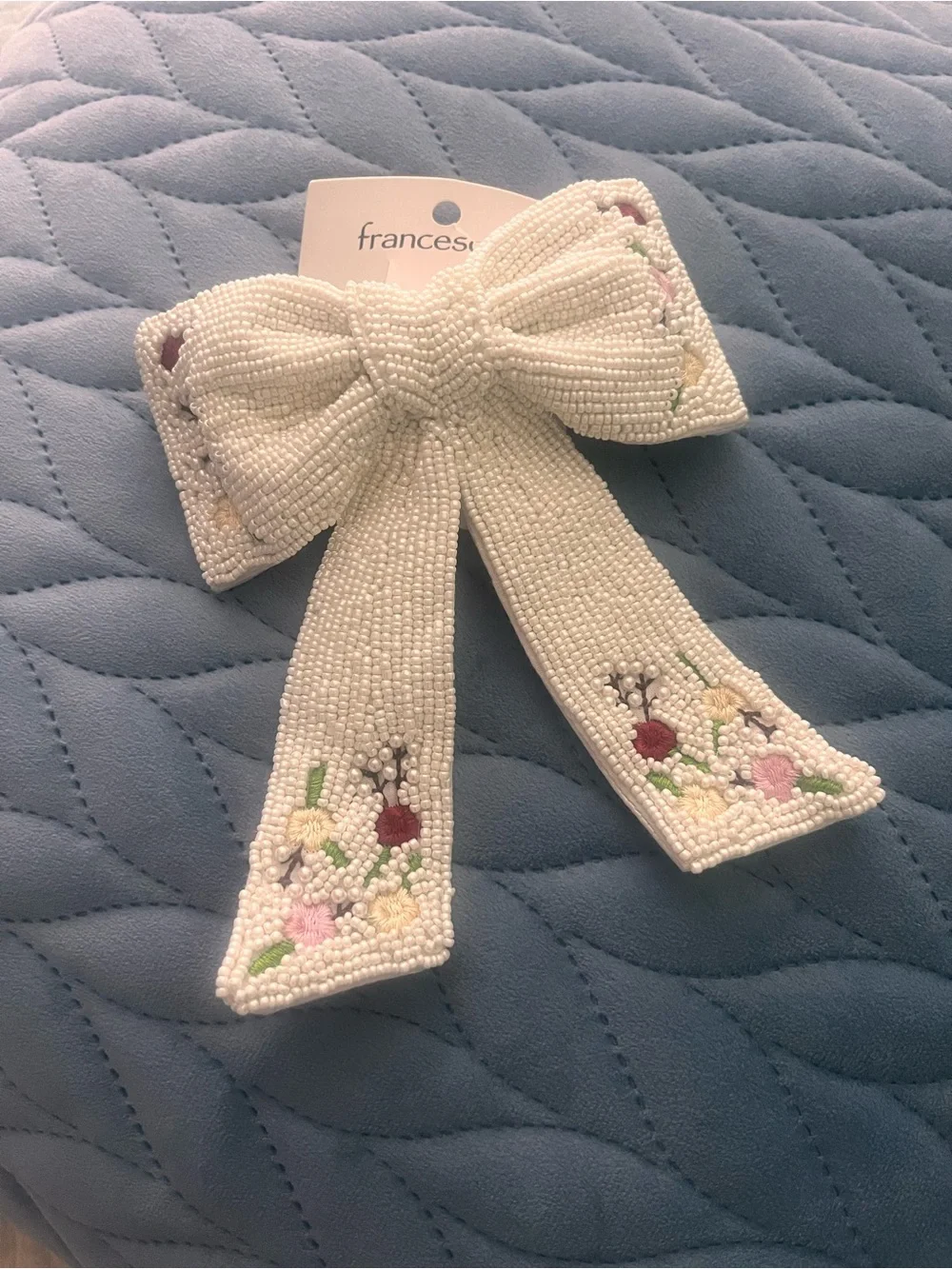 Francesca's white Beaded Bow Clip with Floral Embroidery